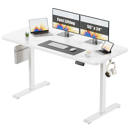 Flycity Electric Standing Desk Adjustable Height Stand Up Desk, 55" x 24" Sit Stand Desk, Low Noise Home Office Desk, Computer Desk with Splice Board, Child Lock & Memory Function, White