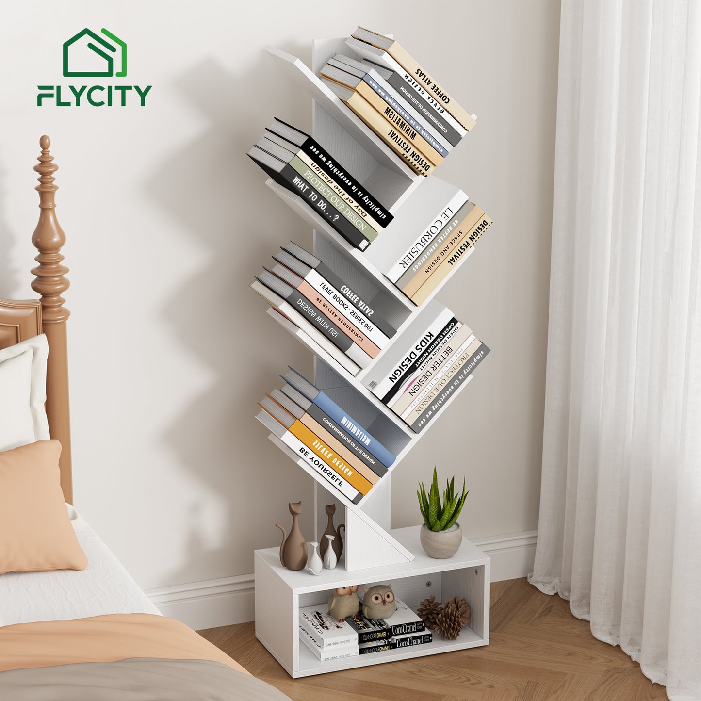Flycity 6 Tier Tree Bookshelf, Space Saving Wood Bookshelves Organizer for CDs/Books/Movies, Floor Standing Storage Rack for Home Office, Living Room, White