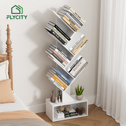 Flycity 6 Tier Tree Bookshelf, Space Saving Wood Bookshelves Organizer for CDs/Books/Movies, Floor Standing Storage Rack for Home Office, Living Room, White