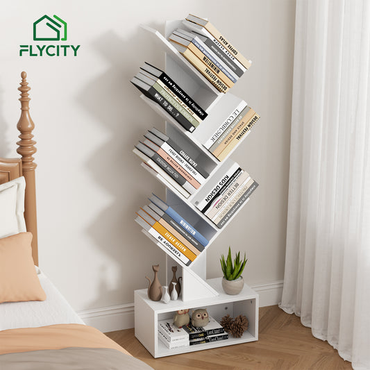 Flycity 6 Tier Tree Bookshelf, Space Saving Wood Bookshelves Organizer for CDs/Books/Movies, Floor Standing Storage Rack for Home Office, Living Room, White