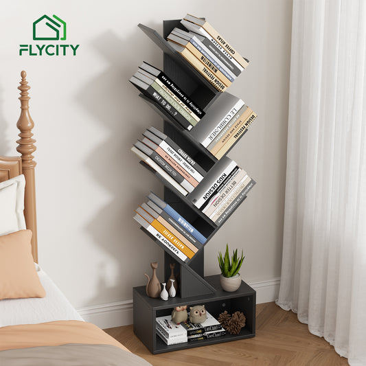 Flycity 6 Tier Tree Bookshelf, Space Saving Wood Bookshelves Organizer for CDs/Books/Movies, Floor Standing Storage Rack for Home Office, Living Room, Black