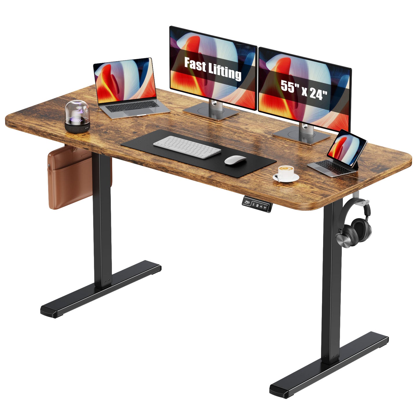 Flycity Electric Standing Desk Adjustable Height Stand Up Desk, 55" x 24" Sit Stand Desk, Low Noise Home Office Desk, Computer Desk with Splice Board, Child Lock & Memory Function, Rustic Brown