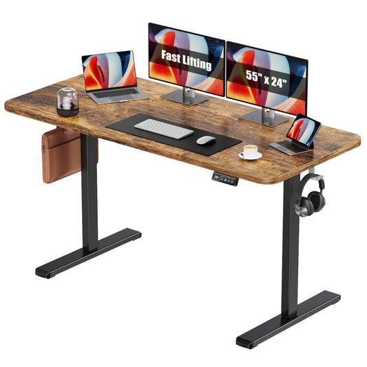 Flycity Electric Standing Desk Adjustable Height Stand Up Desk, 55" x 24" Sit Stand Desk, Low Noise Home Office Desk, Computer Desk with Splice Board, Child Lock & Memory Function, Rustic Brown