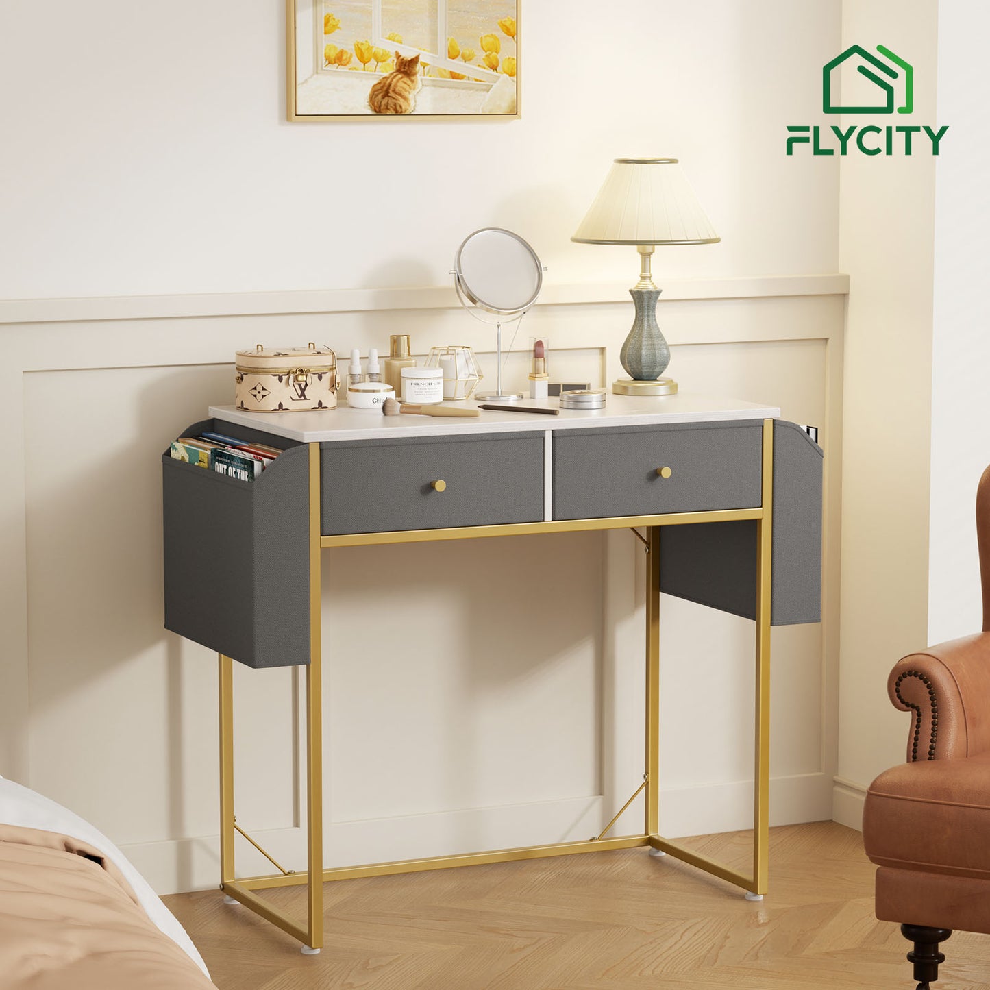 Flycity Vanity Table with 2 Drawers & Side Storage Bags, Multifunction Vanity & Computer Desk, More in one Work & Study Table for Home Office, 31.5"x15.7"x 30.9"