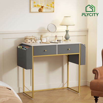 Flycity Vanity Table with 2 Drawers & Side Storage Bags, Multifunction Vanity & Computer Desk, More in one Work & Study Table for Home Office, 31.5"x15.7"x 30.9"