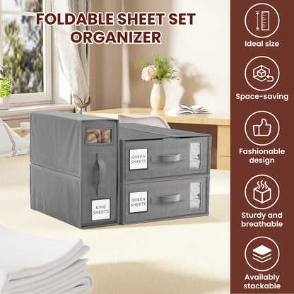 Flycity 6 Pack Foldable Bed Sheet Organizers with Window, Storage Containers for Queen & King Size Bedding, Linen Closet Organizers for Sheet Sets, Gray