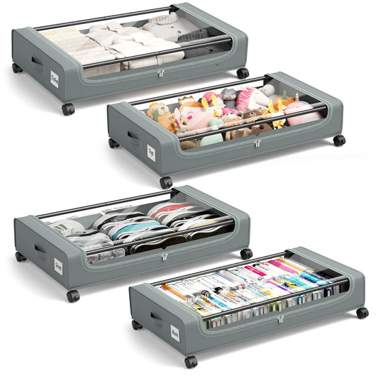 Flycity Under Bed Storage with Wheels, 4 Pack Underbed Storage Containers with Lids - Rolling Drawers & Bins for Bedroom Clothes Shoes Blankets, Grey