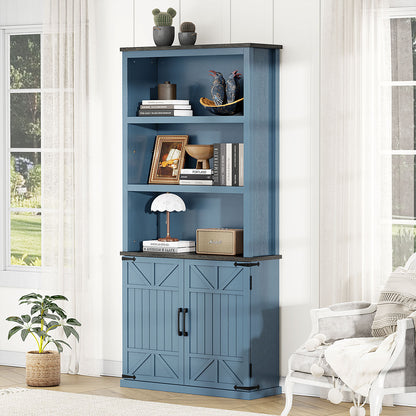 Flycity 70" Tall Bookshelf, 5 Tier Farmhouse Bookcase with Storage Cabinet and Doors, Freestanding Wood Shelves for Bedroom, Living Room, or Kitchen，Blue