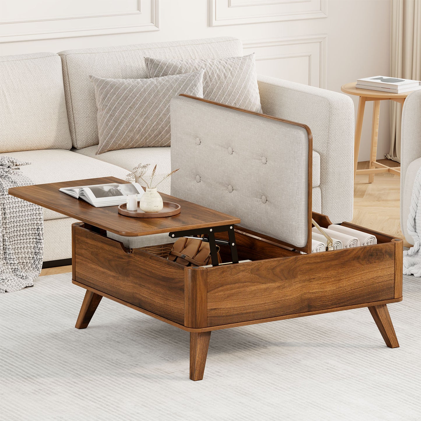 Flycity Large Square Ottoman Coffee Table with Lift Top, Square Ottoman with Storage for Living Room, Brown