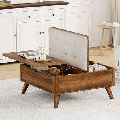 Flycity Large Square Ottoman Coffee Table with Lift Top, Square Ottoman with Storage for Living Room, Brown