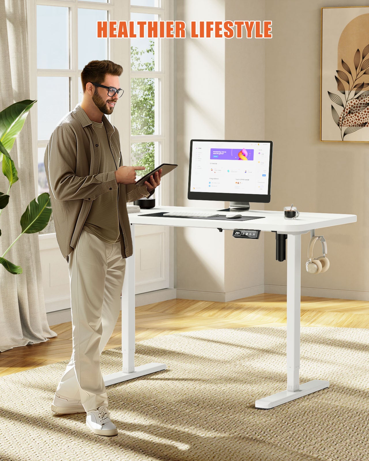 Flycity Electric Standing Desk Adjustable Height Stand Up Desk, 55" x 24" Sit Stand Desk, Low Noise Home Office Desk, Computer Desk with Splice Board, Child Lock & Memory Function, White