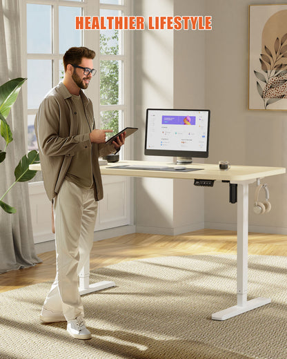 Flycity Electric Standing Desk Adjustable Height Stand Up Desk, 55" x 24" Sit Stand Desk, Low Noise Home Office Desk, Computer Desk with Splice Board, Child Lock & Memory Function, Maple