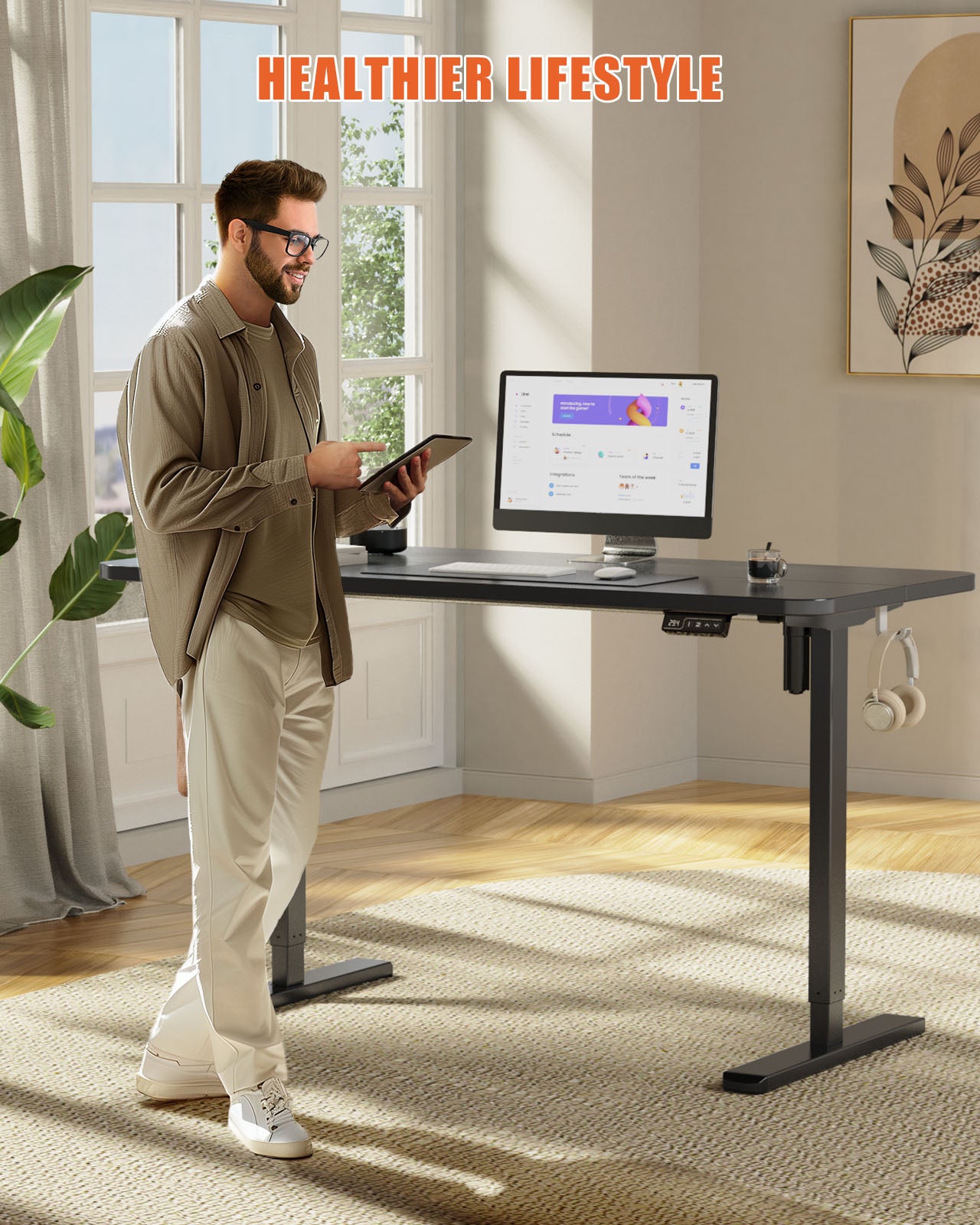 Flycity Electric Standing Desk Adjustable Height Stand Up Desk, 55" x 24" Sit Stand Desk, Low Noise Home Office Desk, Computer Desk with Splice Board, Child Lock & Memory Function, Black