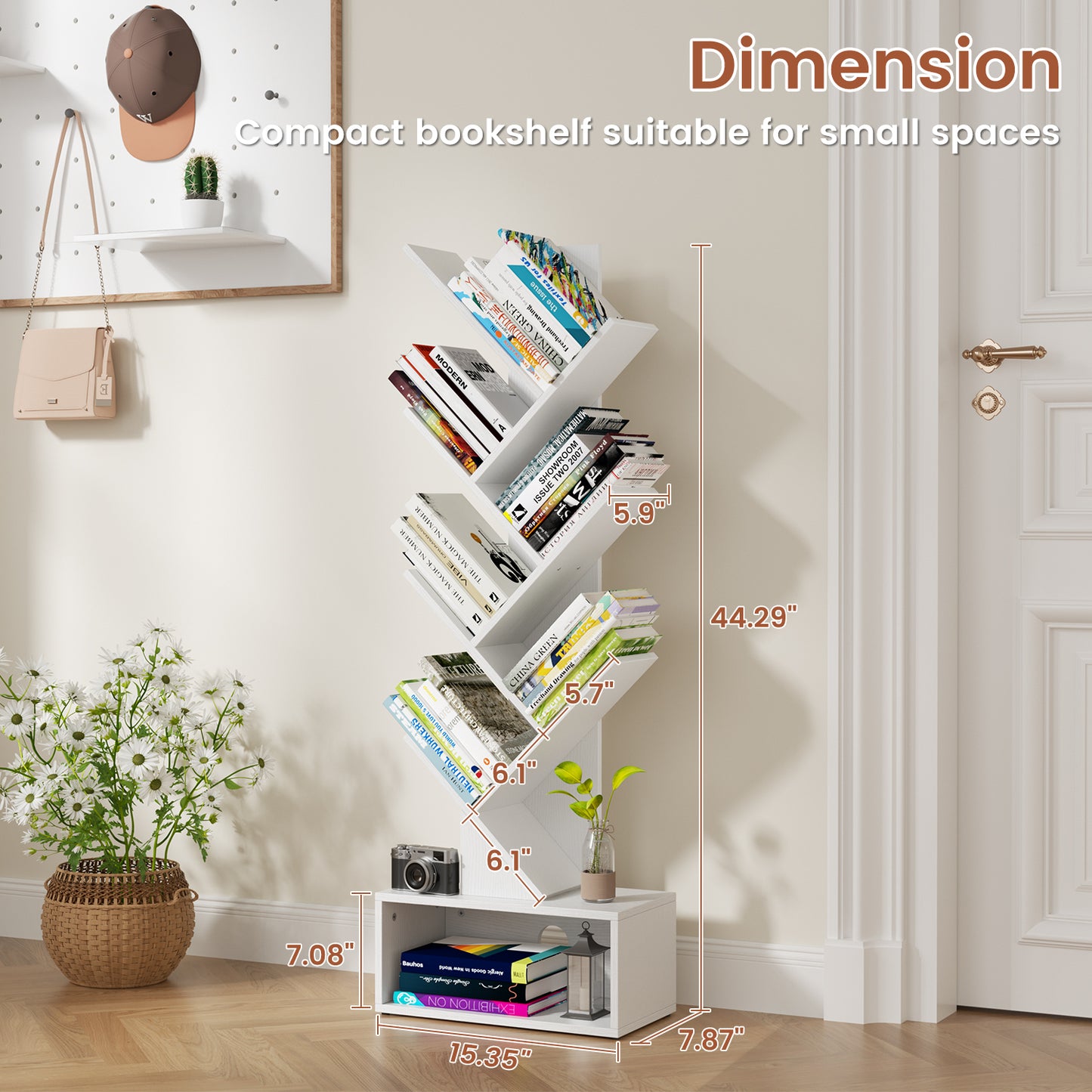 Flycity 6 Tier Tree Bookshelf, Space Saving Wood Bookshelves Organizer for CDs/Books/Movies, Floor Standing Storage Rack for Home Office, Living Room, White