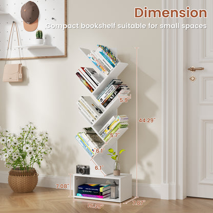 Flycity 6 Tier Tree Bookshelf, Space Saving Wood Bookshelves Organizer for CDs/Books/Movies, Floor Standing Storage Rack for Home Office, Living Room, White