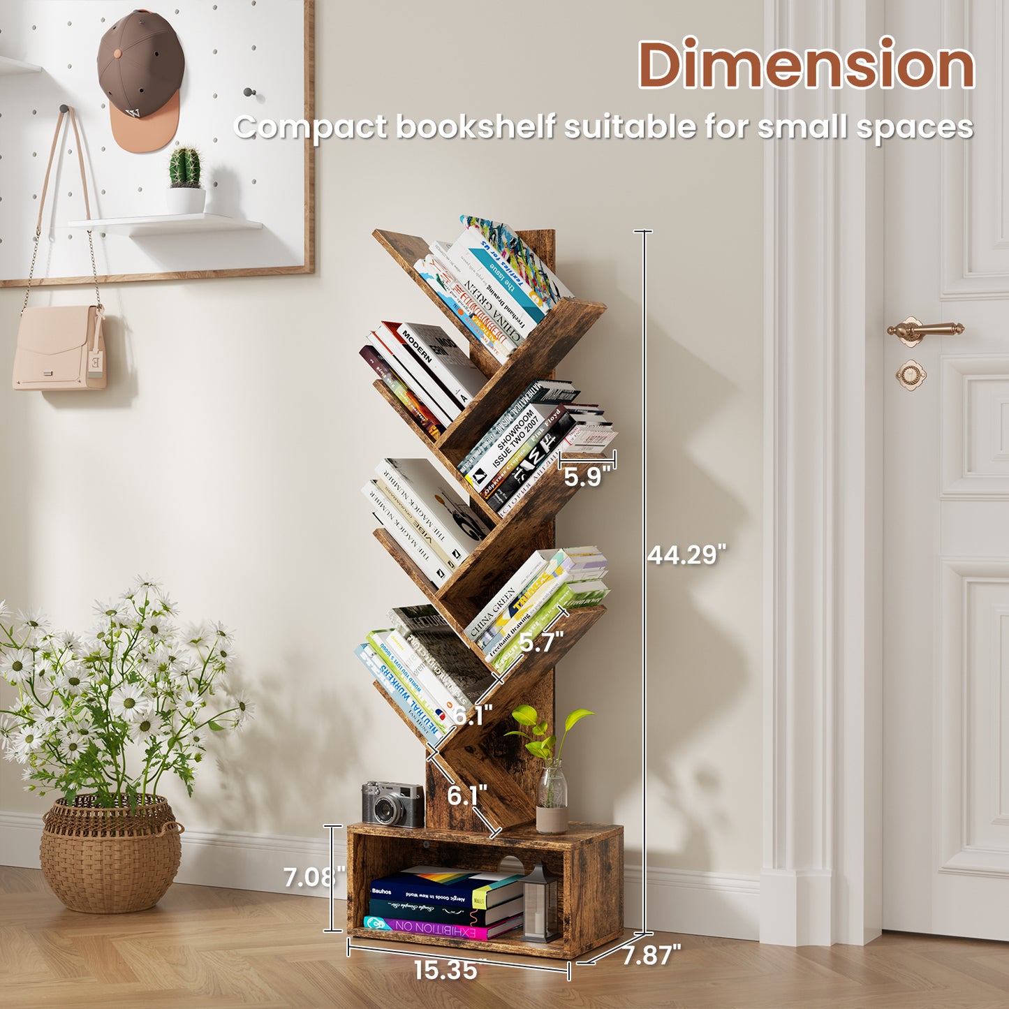 Flycity 6 Tier Tree Bookshelf, Space Saving Wood Bookshelves Organizer for CDs/Books/Movies, Floor Standing Storage Rack for Home Office, Living Room, Brown