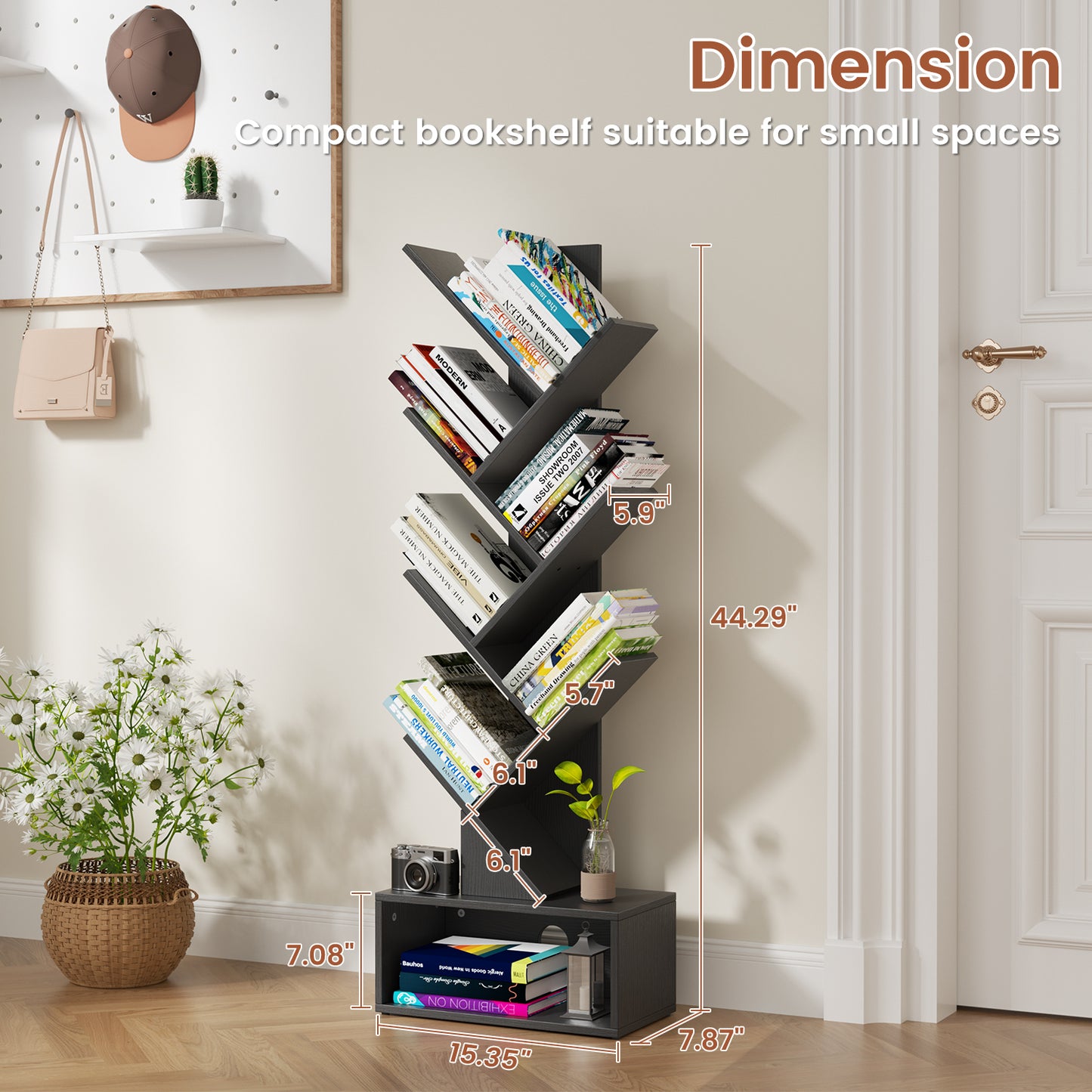 Flycity 6 Tier Tree Bookshelf, Space Saving Wood Bookshelves Organizer for CDs/Books/Movies, Floor Standing Storage Rack for Home Office, Living Room, Black