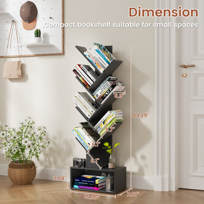 Flycity 6 Tier Tree Bookshelf, Space Saving Wood Bookshelves Organizer for CDs/Books/Movies, Floor Standing Storage Rack for Home Office, Living Room, Black