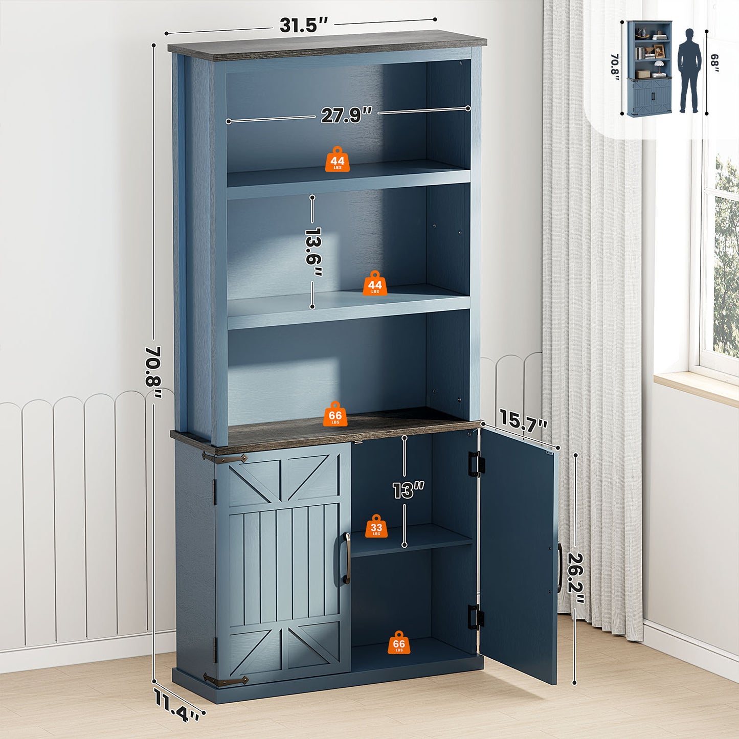 Flycity 70" Tall Bookshelf, 5 Tier Farmhouse Bookcase with Storage Cabinet and Doors, Freestanding Wood Shelves for Bedroom, Living Room, or Kitchen，Blue