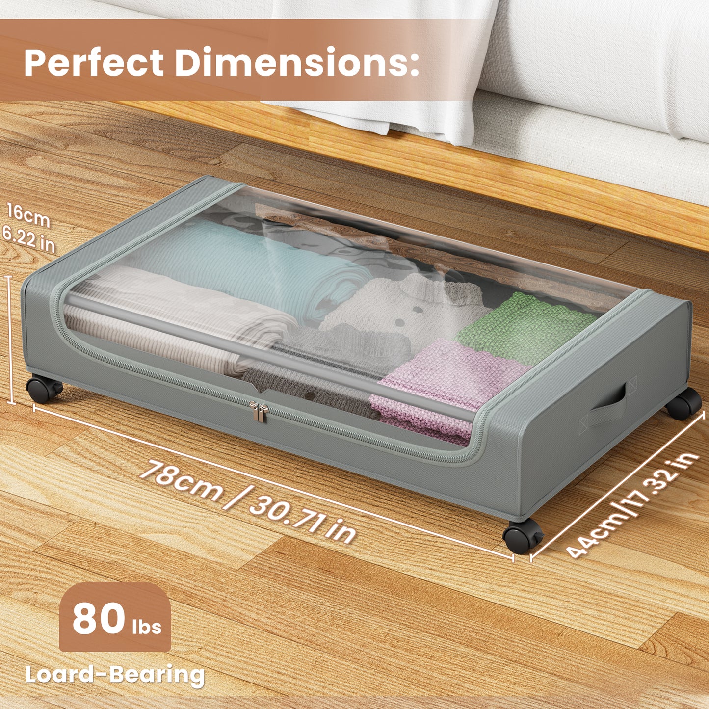 Flycity Under Bed Storage with Wheels, 4 Pack Underbed Storage Containers with Lids - Rolling Drawers & Bins for Bedroom Clothes Shoes Blankets, Grey