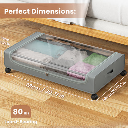 Flycity Under Bed Storage with Wheels, 4 Pack Underbed Storage Containers with Lids - Rolling Drawers & Bins for Bedroom Clothes Shoes Blankets, Grey