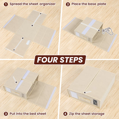 Flycity 6 Pack Foldable Bed Sheet Organizers with Window, Storage Containers for Queen & King Size Bedding, Linen Closet Organizers for Sheet Sets, Beige