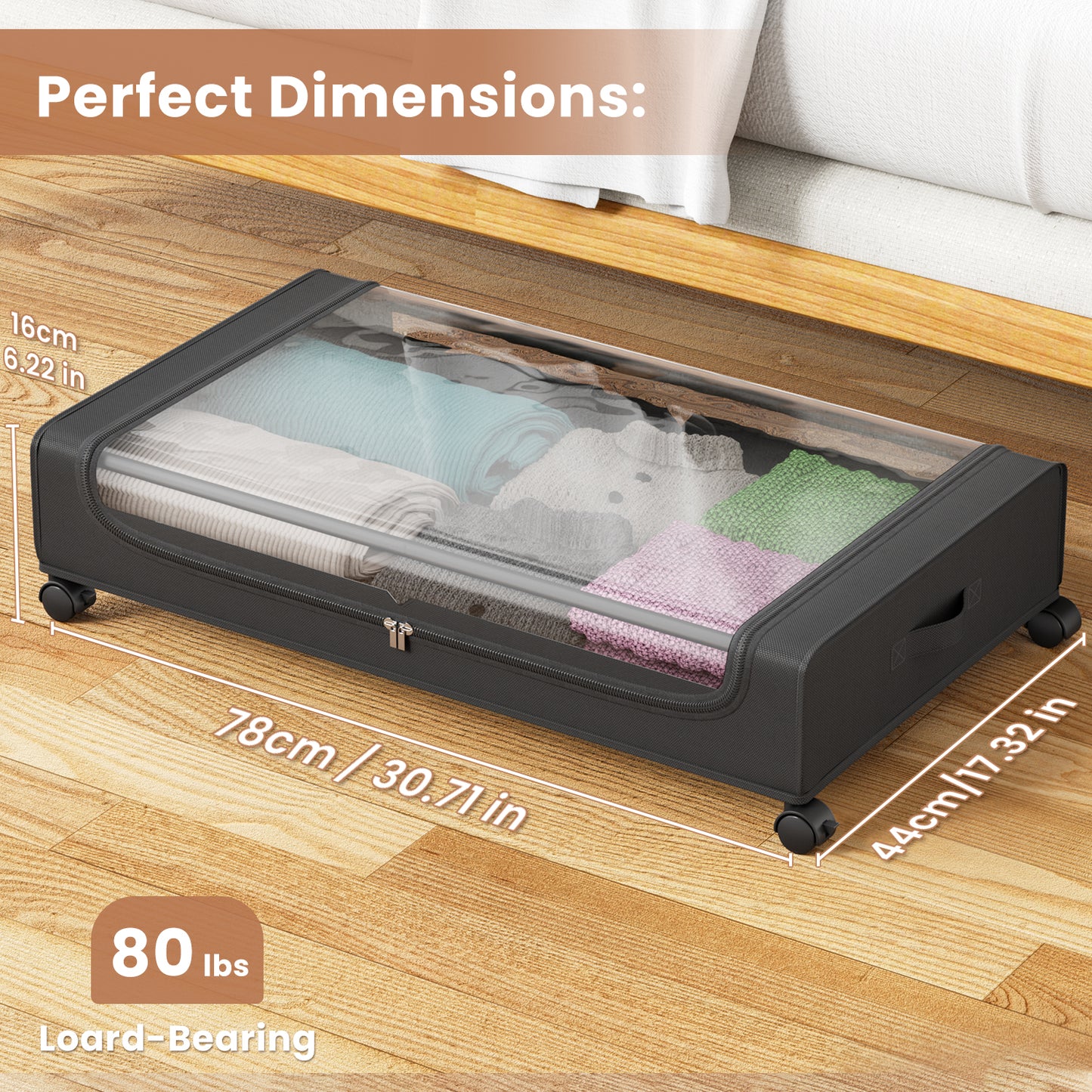 Flycity Under Bed Storage with Wheels, 4 Pack Underbed Storage Containers with Lids - Rolling Drawers & Bins for Bedroom Clothes Shoes Blankets, Black