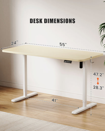 Flycity Electric Standing Desk Adjustable Height Stand Up Desk, 55" x 24" Sit Stand Desk, Low Noise Home Office Desk, Computer Desk with Splice Board, Child Lock & Memory Function, Maple