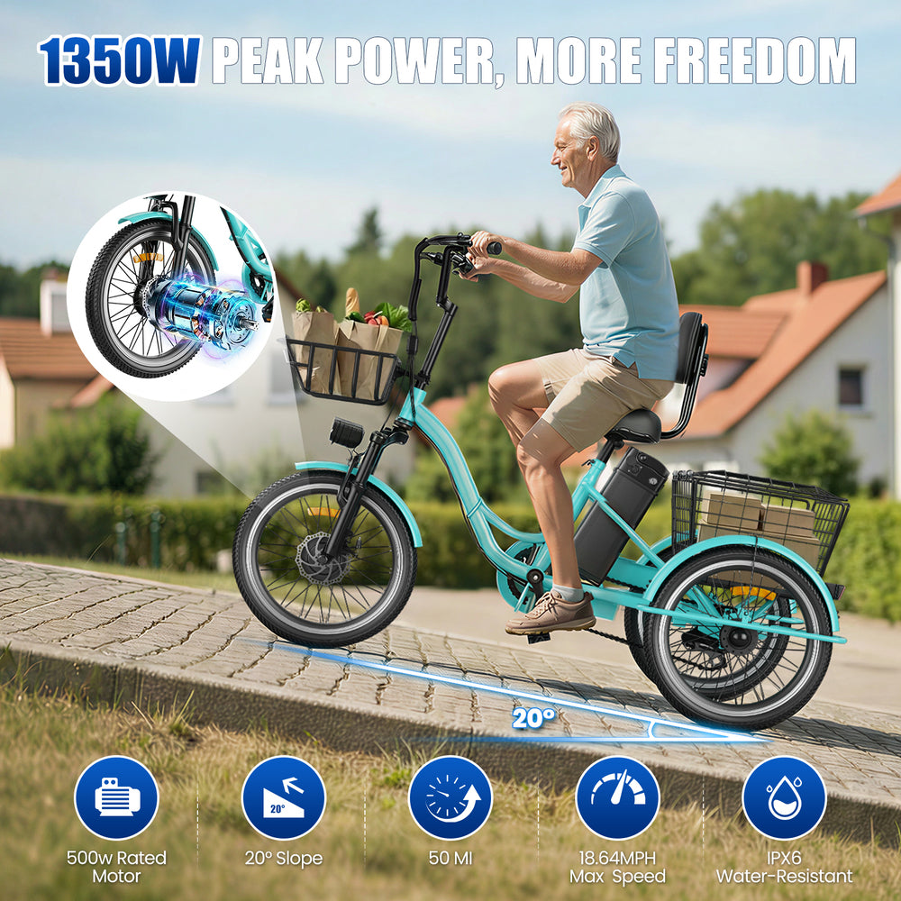 Flycity Electric Tricycle for Adults, 20” Folding Electric Trike,3 Wheels Electric Scooter Bicycle, Peak 1200W Electric Trike with 36V 13AH Removable Battery and Large Basket