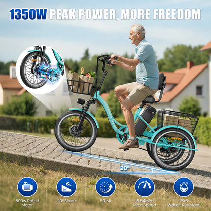 Flycity Electric Tricycle for Adults, 20” Folding Electric Trike,3 Wheels Electric Scooter Bicycle, Peak 1200W Electric Trike with 36V 13AH Removable Battery and Large Basket