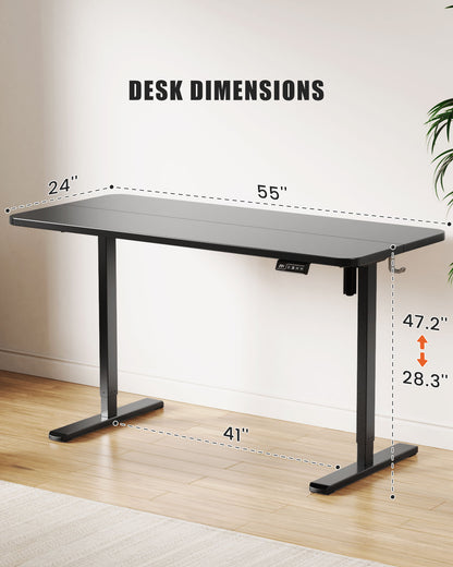 Flycity Electric Standing Desk Adjustable Height Stand Up Desk, 55" x 24" Sit Stand Desk, Low Noise Home Office Desk, Computer Desk with Splice Board, Child Lock & Memory Function, Black