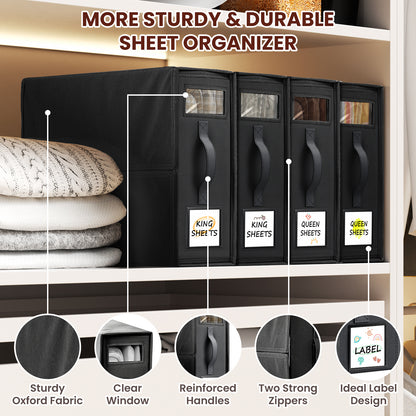 Flycity 6 Pack Foldable Bed Sheet Organizers with Window, Storage Containers for Queen & King Size Bedding, Linen Closet Organizers for Sheet Sets, Black