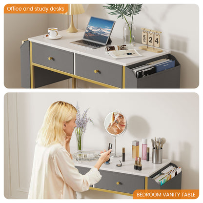Flycity Vanity Table with 2 Drawers & Side Storage Bags, Multifunction Vanity & Computer Desk, More in one Work & Study Table for Home Office, 31.5"x15.7"x 30.9"