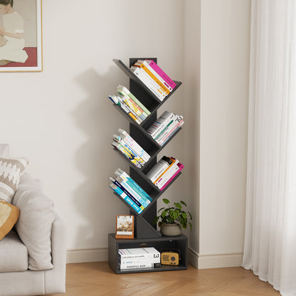 Flycity 6 Tier Tree Bookshelf, Space Saving Wood Bookshelves Organizer for CDs/Books/Movies, Floor Standing Storage Rack for Home Office, Living Room, Black