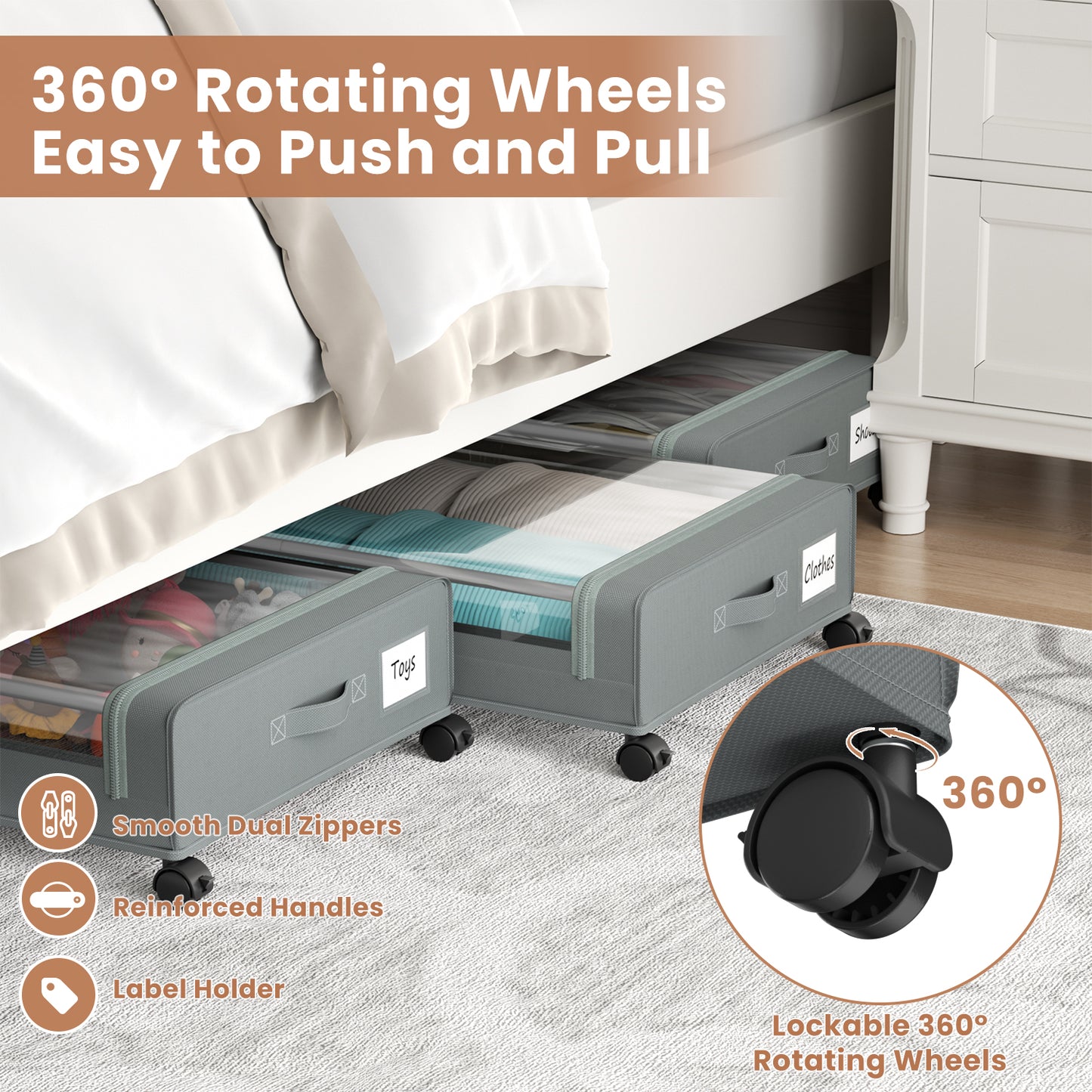 Flycity Under Bed Storage with Wheels, 4 Pack Underbed Storage Containers with Lids - Rolling Drawers & Bins for Bedroom Clothes Shoes Blankets, Grey