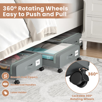 Flycity Under Bed Storage with Wheels, 4 Pack Underbed Storage Containers with Lids - Rolling Drawers & Bins for Bedroom Clothes Shoes Blankets, Grey