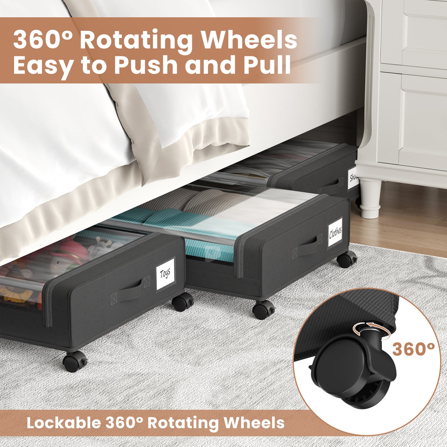 Flycity Under Bed Storage with Wheels, 4 Pack Underbed Storage Containers with Lids - Rolling Drawers & Bins for Bedroom Clothes Shoes Blankets, Black