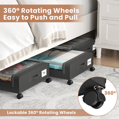 Flycity Under Bed Storage with Wheels, 2 Pack Underbed Storage Containers with Lids - Rolling Drawers & Bins for Bedroom Clothes Shoes Blankets, Black