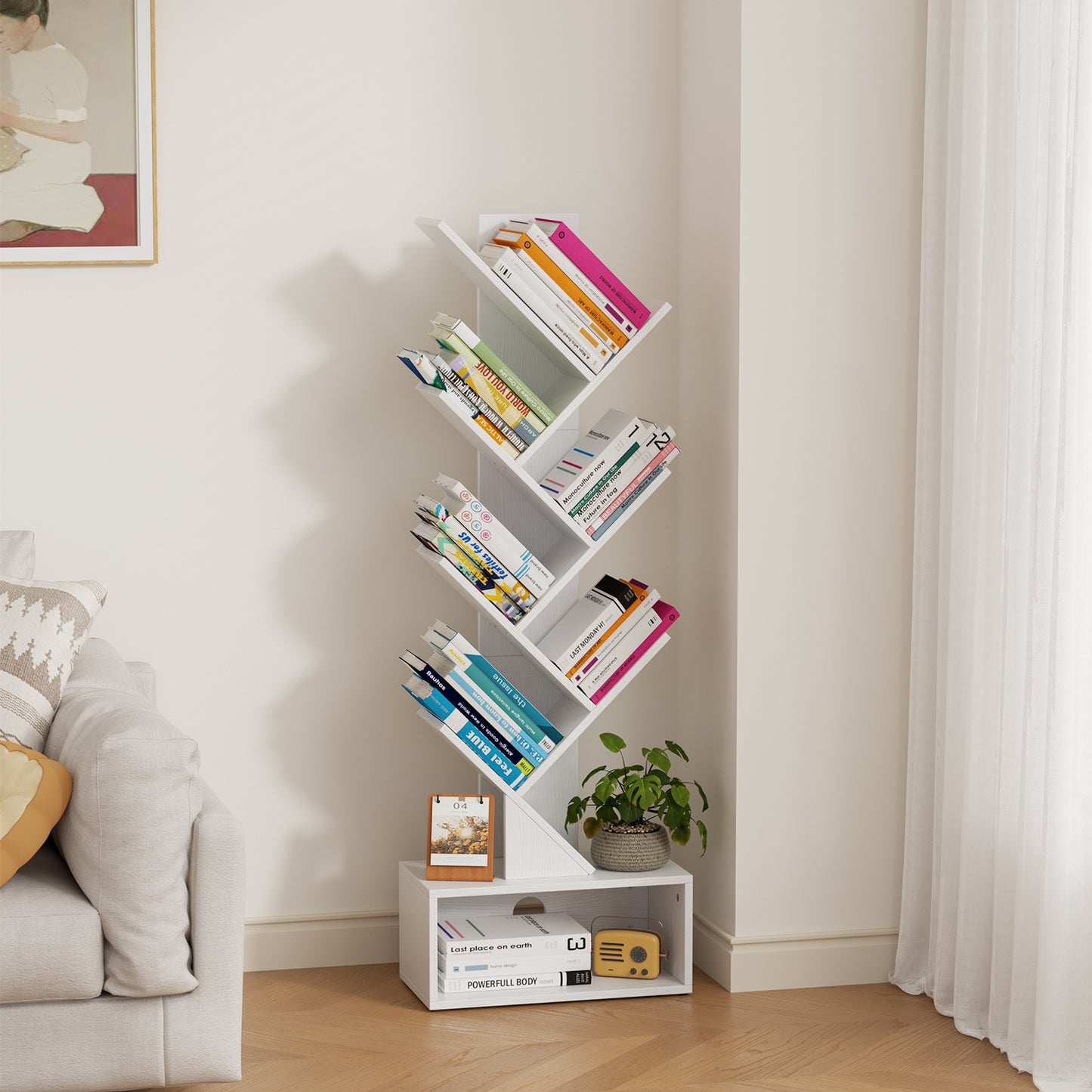 Flycity 6 Tier Tree Bookshelf, Space Saving Wood Bookshelves Organizer for CDs/Books/Movies, Floor Standing Storage Rack for Home Office, Living Room, White