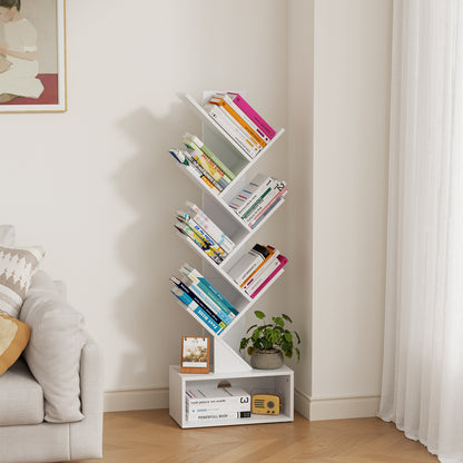 Flycity 6 Tier Tree Bookshelf, Space Saving Wood Bookshelves Organizer for CDs/Books/Movies, Floor Standing Storage Rack for Home Office, Living Room, White