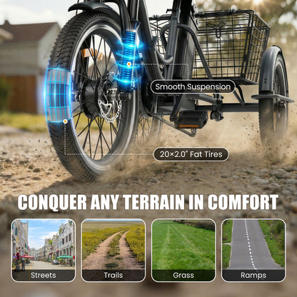 Flycity Electric Tricycle for Adults, 20” Folding Electric Trike,3 Wheels Electric Scooter Bicycle, Peak 1200W Electric Trike with 48V 20AH Removable Battery and Large Basket