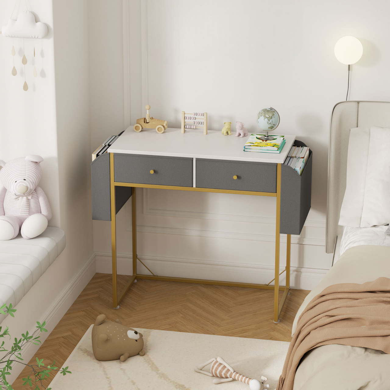 Flycity Vanity Table with 2 Drawers & Side Storage Bags, Multifunction Vanity & Computer Desk, More in one Work & Study Table for Home Office, 31.5"x15.7"x 30.9"