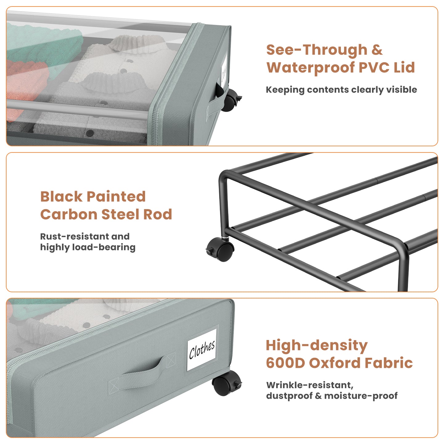 Flycity Under Bed Storage with Wheels, 4 Pack Underbed Storage Containers with Lids - Rolling Drawers & Bins for Bedroom Clothes Shoes Blankets, Grey