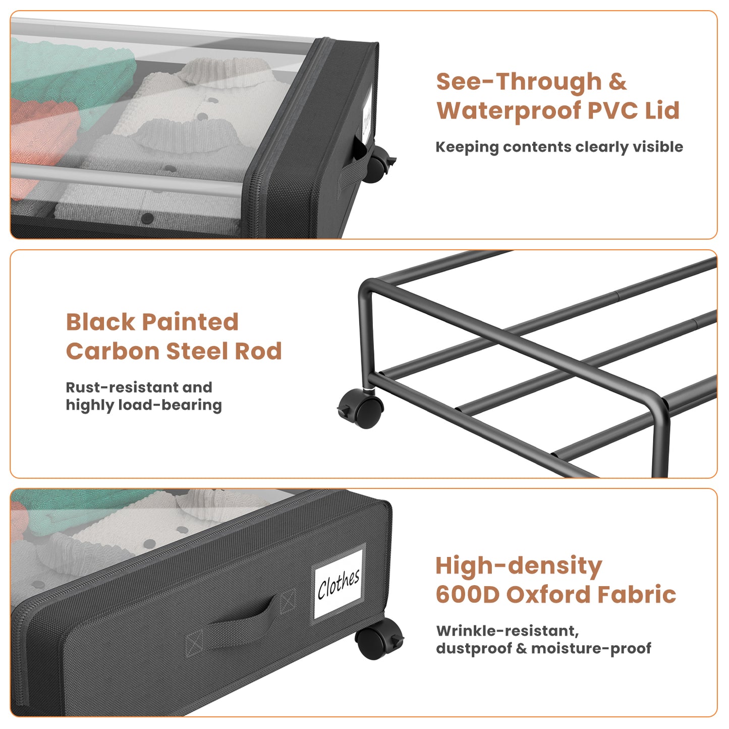 Flycity Under Bed Storage with Wheels, 2 Pack Underbed Storage Containers with Lids - Rolling Drawers & Bins for Bedroom Clothes Shoes Blankets, Black