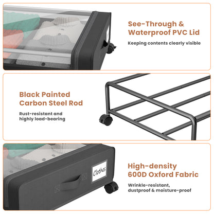 Flycity Under Bed Storage with Wheels, 4 Pack Underbed Storage Containers with Lids - Rolling Drawers & Bins for Bedroom Clothes Shoes Blankets, Black