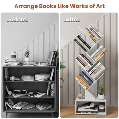 Flycity 6 Tier Tree Bookshelf, Space Saving Wood Bookshelves Organizer for CDs/Books/Movies, Floor Standing Storage Rack for Home Office, Living Room, White