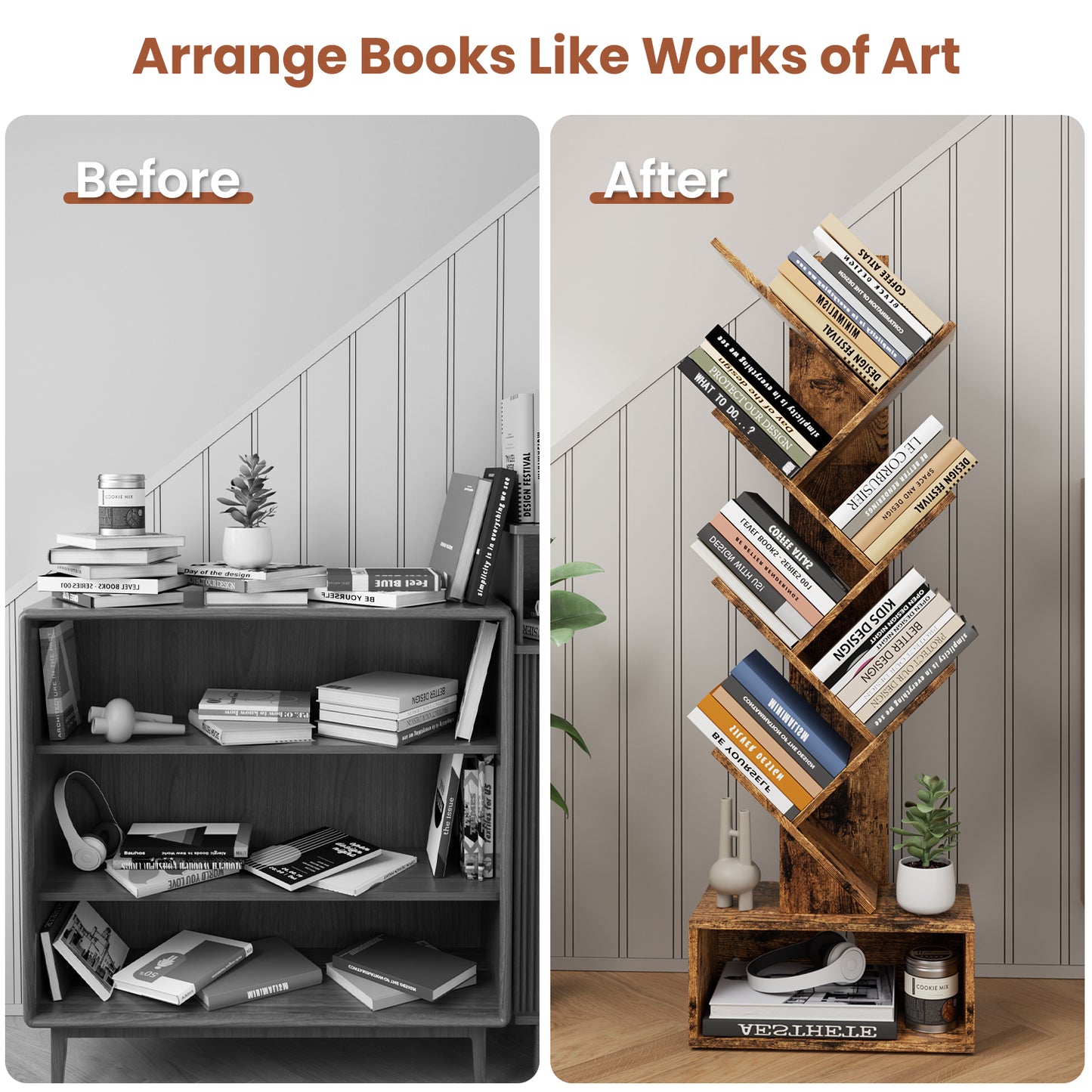 Flycity 6 Tier Tree Bookshelf, Space Saving Wood Bookshelves Organizer for CDs/Books/Movies, Floor Standing Storage Rack for Home Office, Living Room, Brown