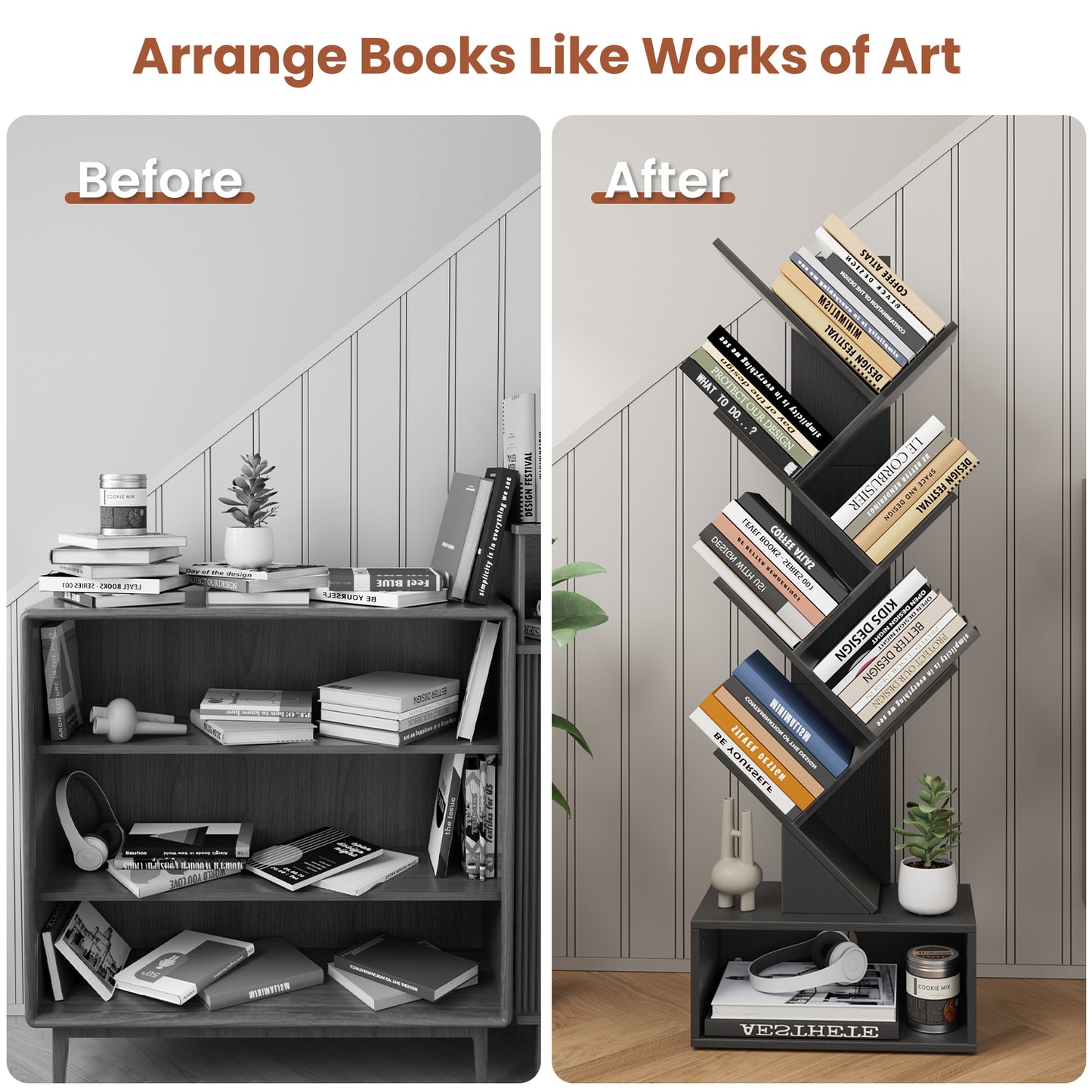 Flycity 6 Tier Tree Bookshelf, Space Saving Wood Bookshelves Organizer for CDs/Books/Movies, Floor Standing Storage Rack for Home Office, Living Room, Black