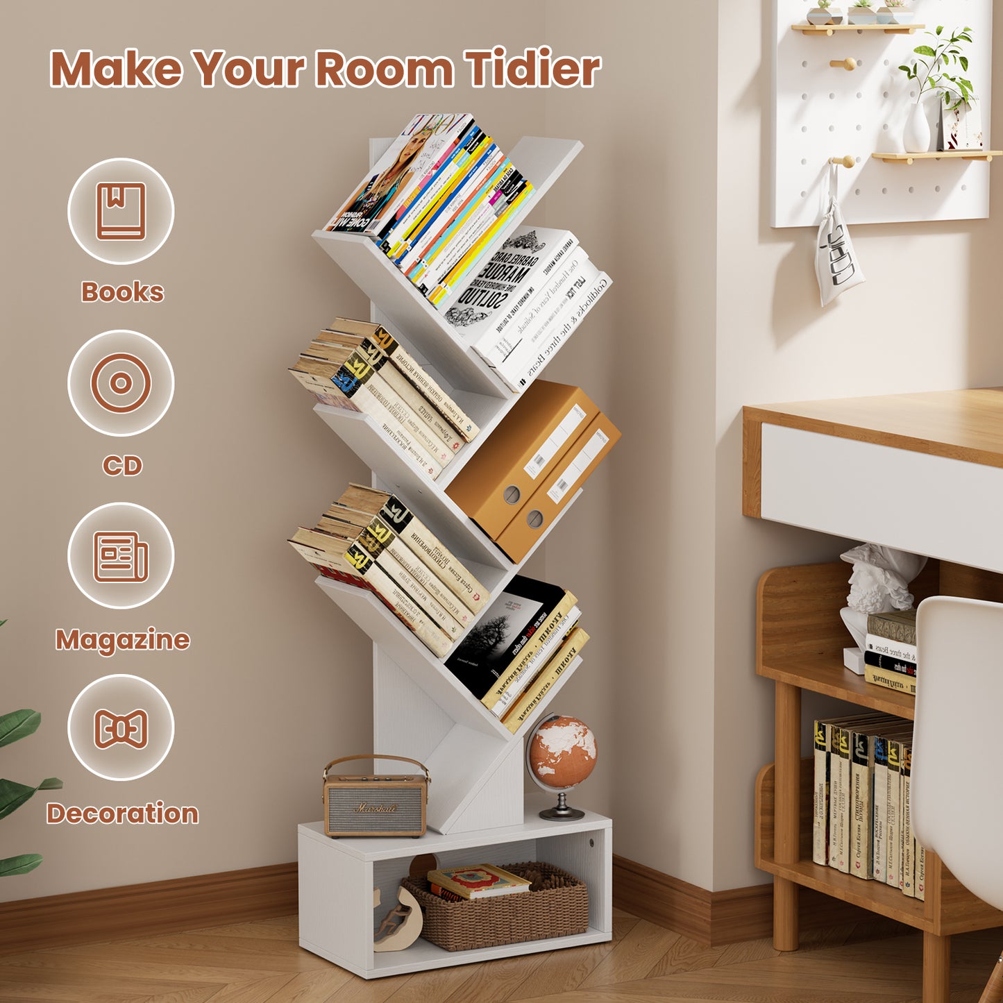 Flycity 6 Tier Tree Bookshelf, Space Saving Wood Bookshelves Organizer for CDs/Books/Movies, Floor Standing Storage Rack for Home Office, Living Room, White