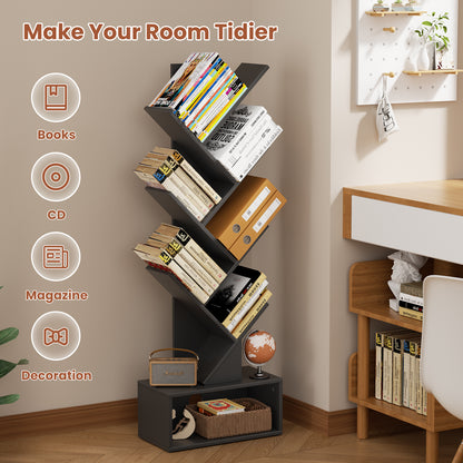 Flycity 6 Tier Tree Bookshelf, Space Saving Wood Bookshelves Organizer for CDs/Books/Movies, Floor Standing Storage Rack for Home Office, Living Room, Black